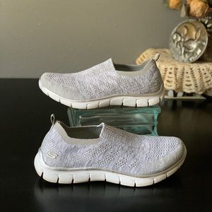 EUC Skechers Silver gray shoes memory foam slip on Tennis Shoes